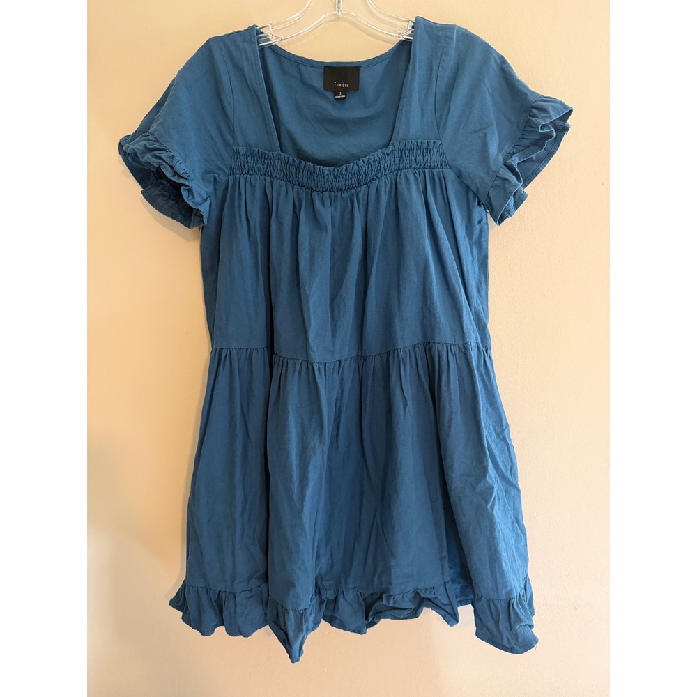 Lumiere Teal Blue Smocked Babydoll Mini Dress Ruffle Sleeve Cottagecore Fall S